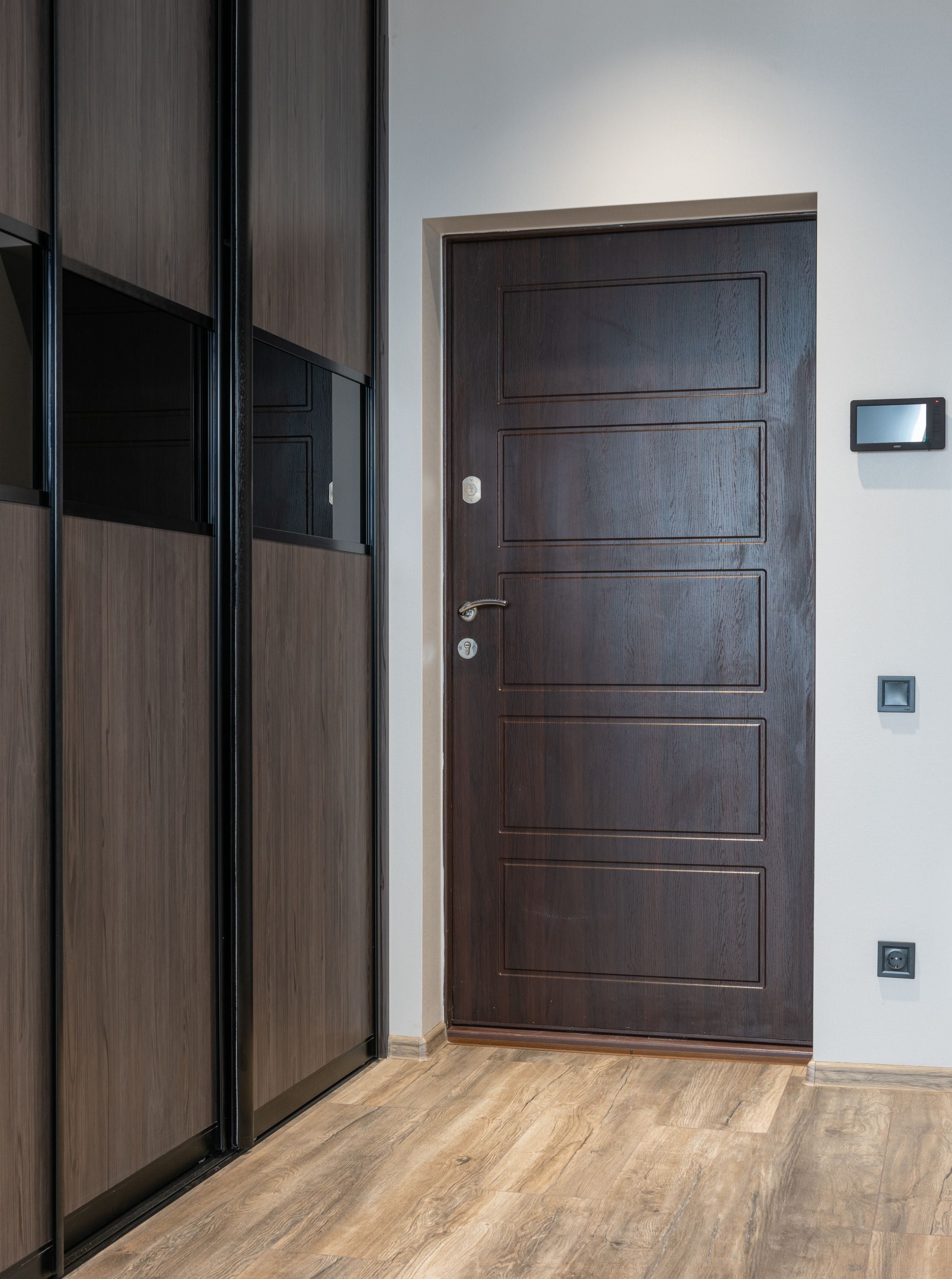 Closet against wooden door and switch on wall in contemporary house with floor in passage